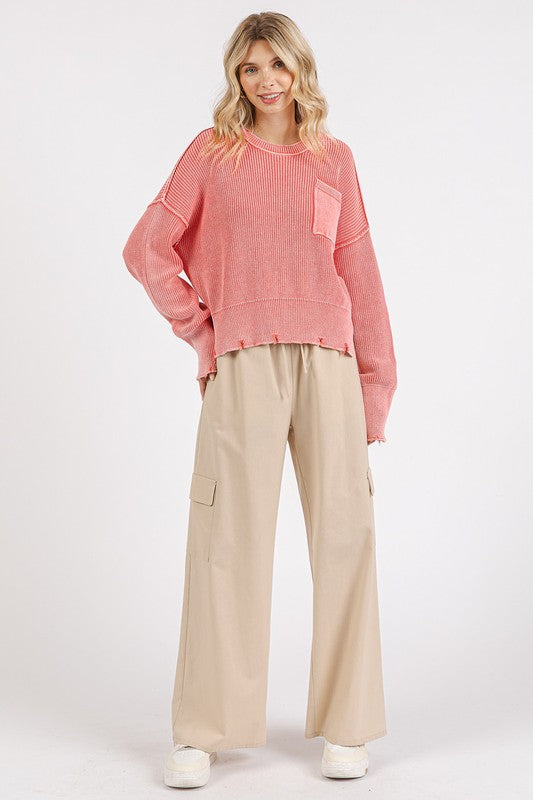 Back To School Sweater - Mittoshop Distressed Hem Round Neck Dropped Shoulder Sweater