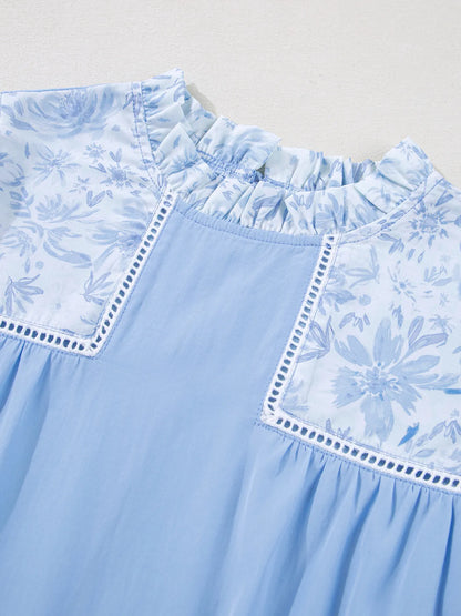 Lace Insert Floral Puff Sleeve Patchwork Loose Blouse