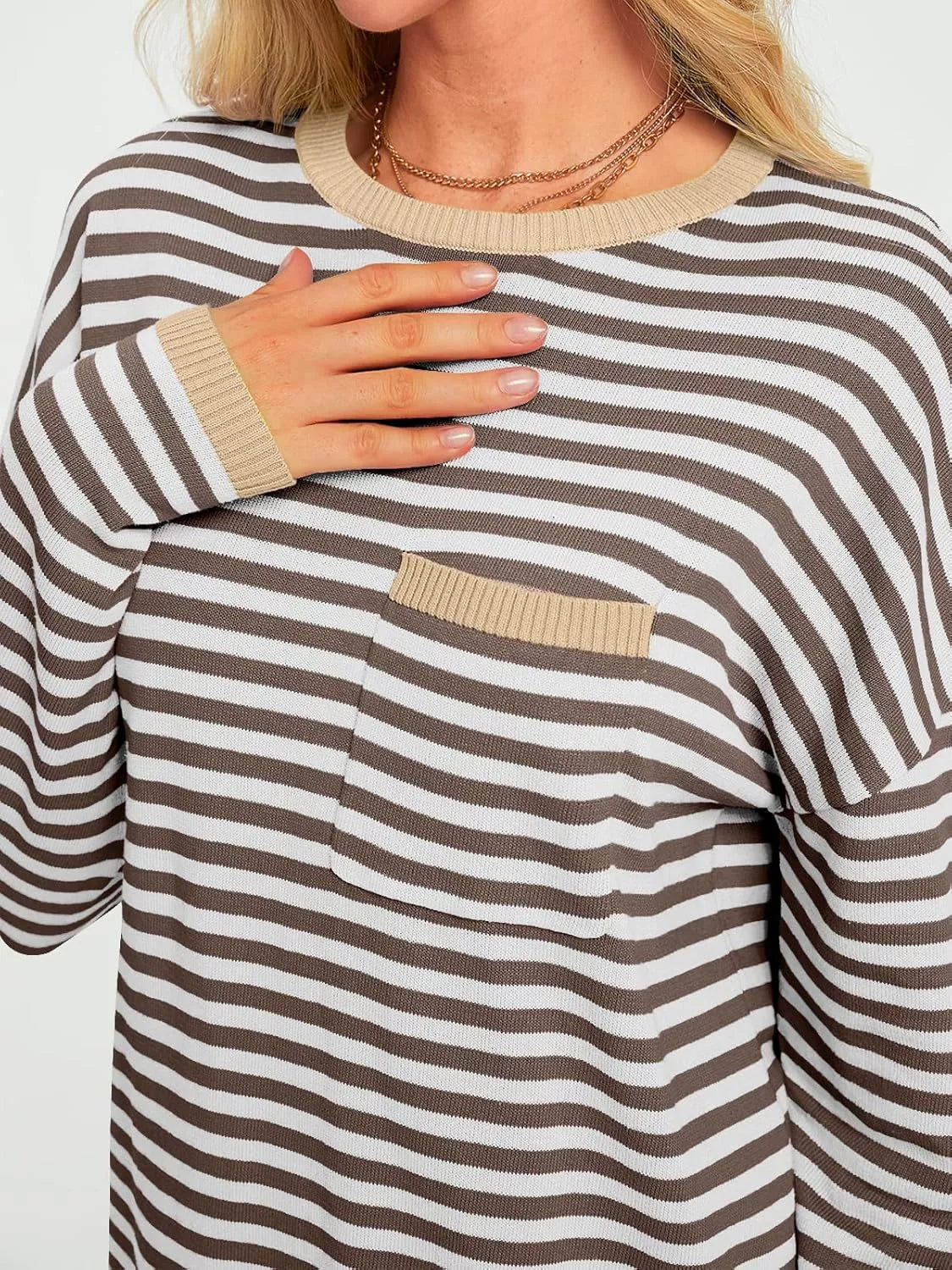 Striped Long Sleeve Sweater with Contrast Ribbed Trim
