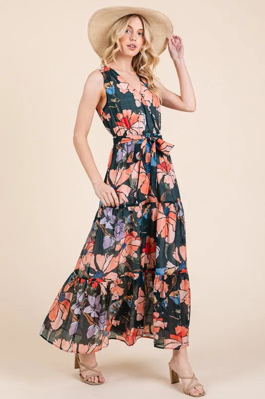 Lime 'N' Chili Floral Print Sleeveless Tie Waist Maxi Dress