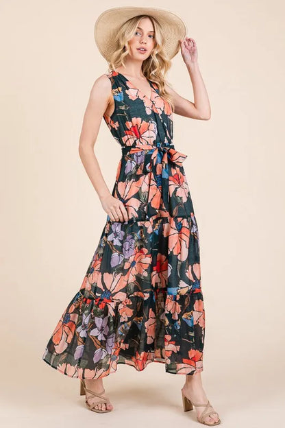 Lime 'N' Chili Floral Print Sleeveless Tie Waist Maxi Dress