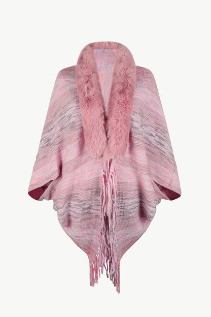 Open Front Fringe Hem Poncho Dusty Pink One Size