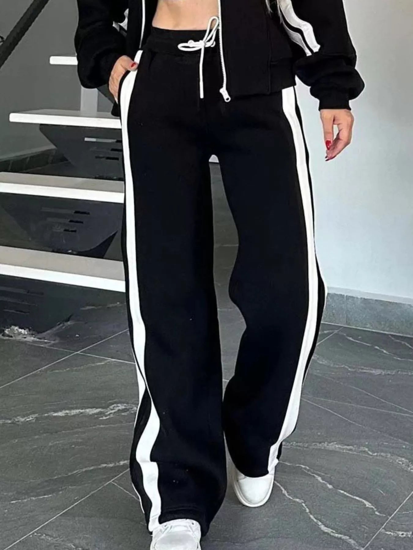 Full Size Contrast Stripe Zip Up Jacket and Pants Set Plus Size