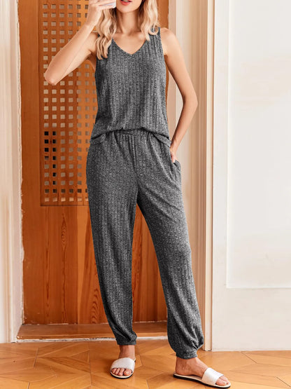Ribbed Knit V-Neck Tank and Pants Lounge Set