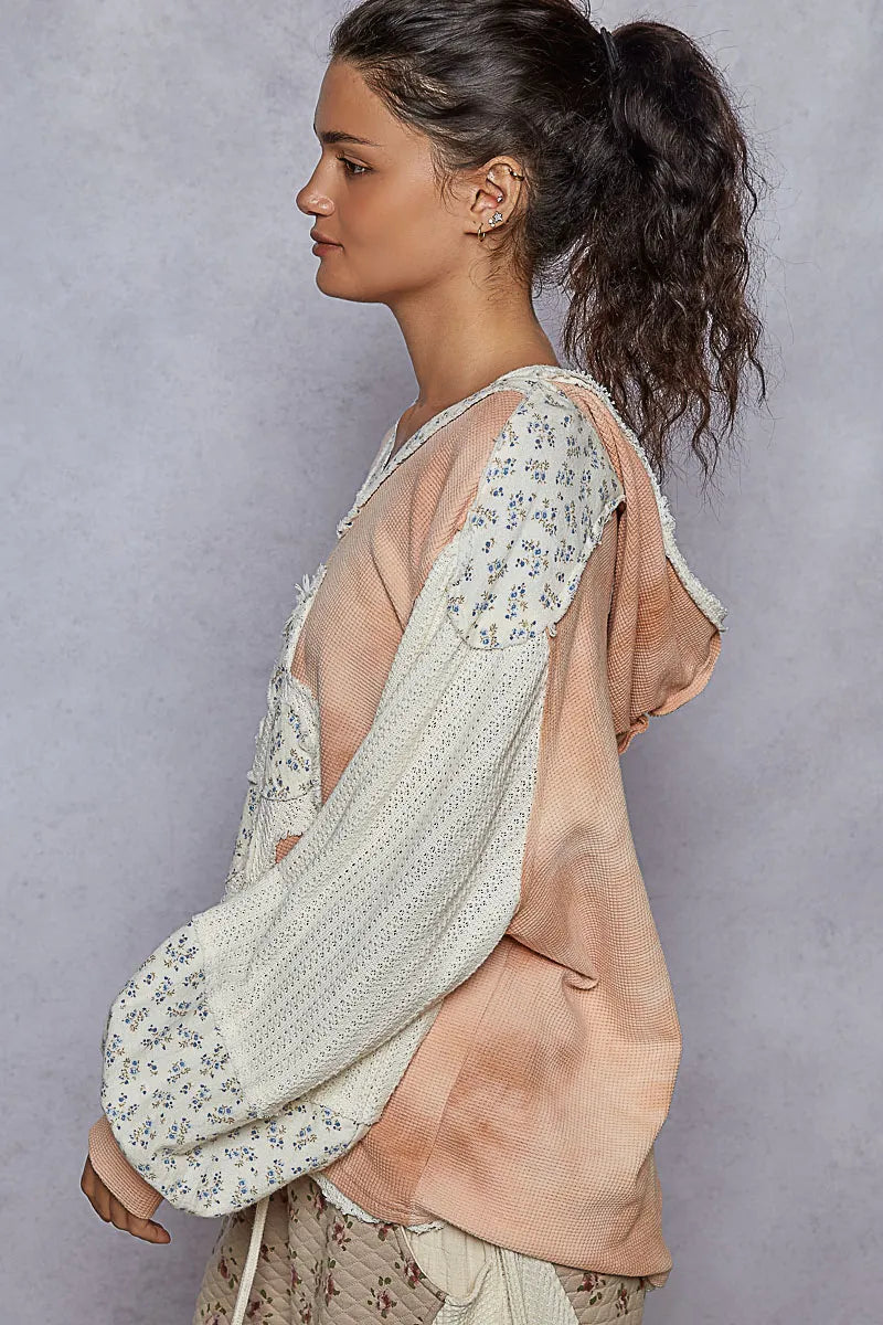 POL Raw Hem Washed Hoodie with Flower Patch