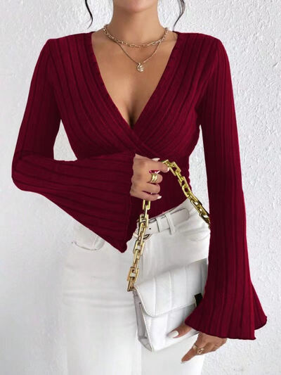 Ribbed Flare Sleeve Top Burgundy
