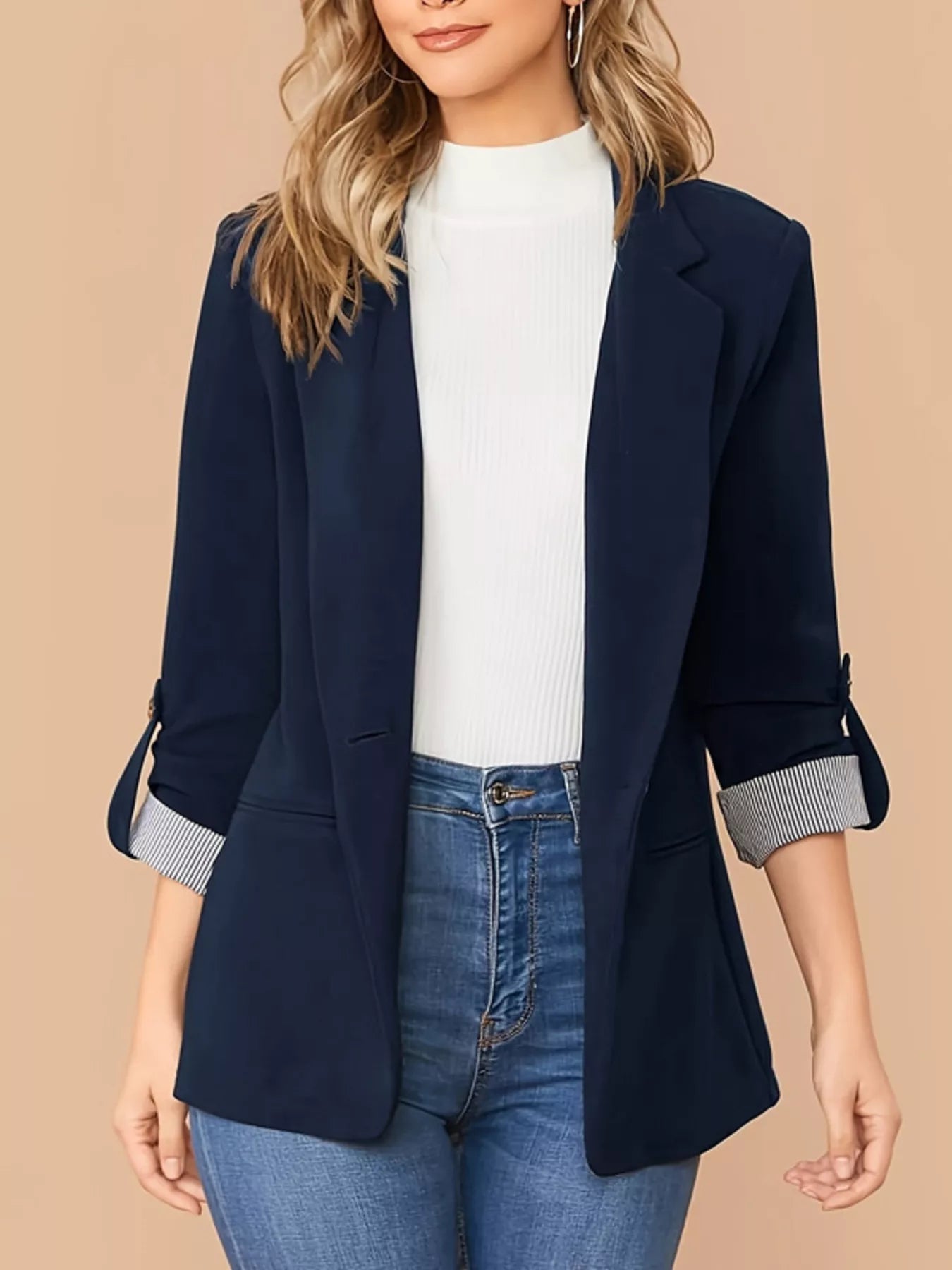 One Button Roll-Up Sleeve Blazer Navy Blue