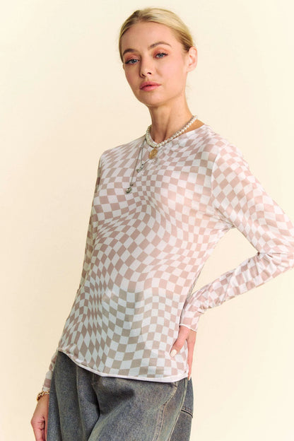 Davi & Dani Checker Board Mesh Long Sleeve Layering Top