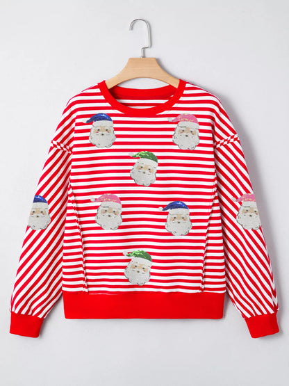 Stripe Sequin Santa Round Neck Raw Seam Detail Christmas Long Sleeve Top