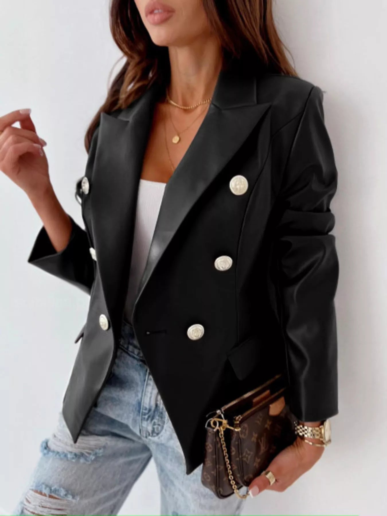 Lapel Collar Leather Blazer Black