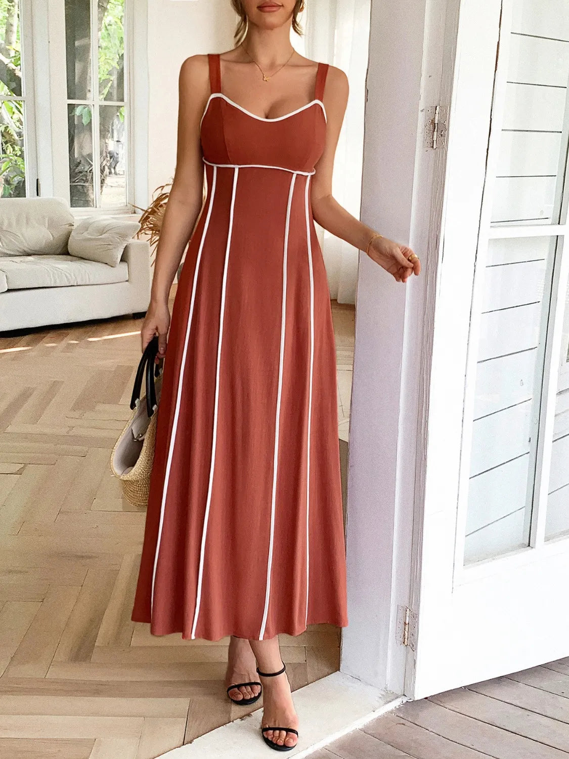 Contrast Wide Strap Midi Cami Dress Rust