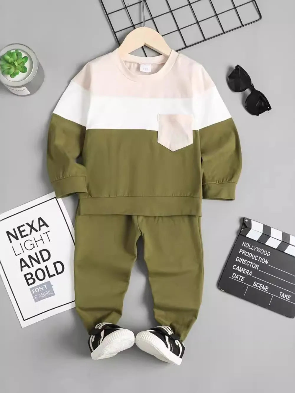Children's Color Block Top and Pants Set Moss