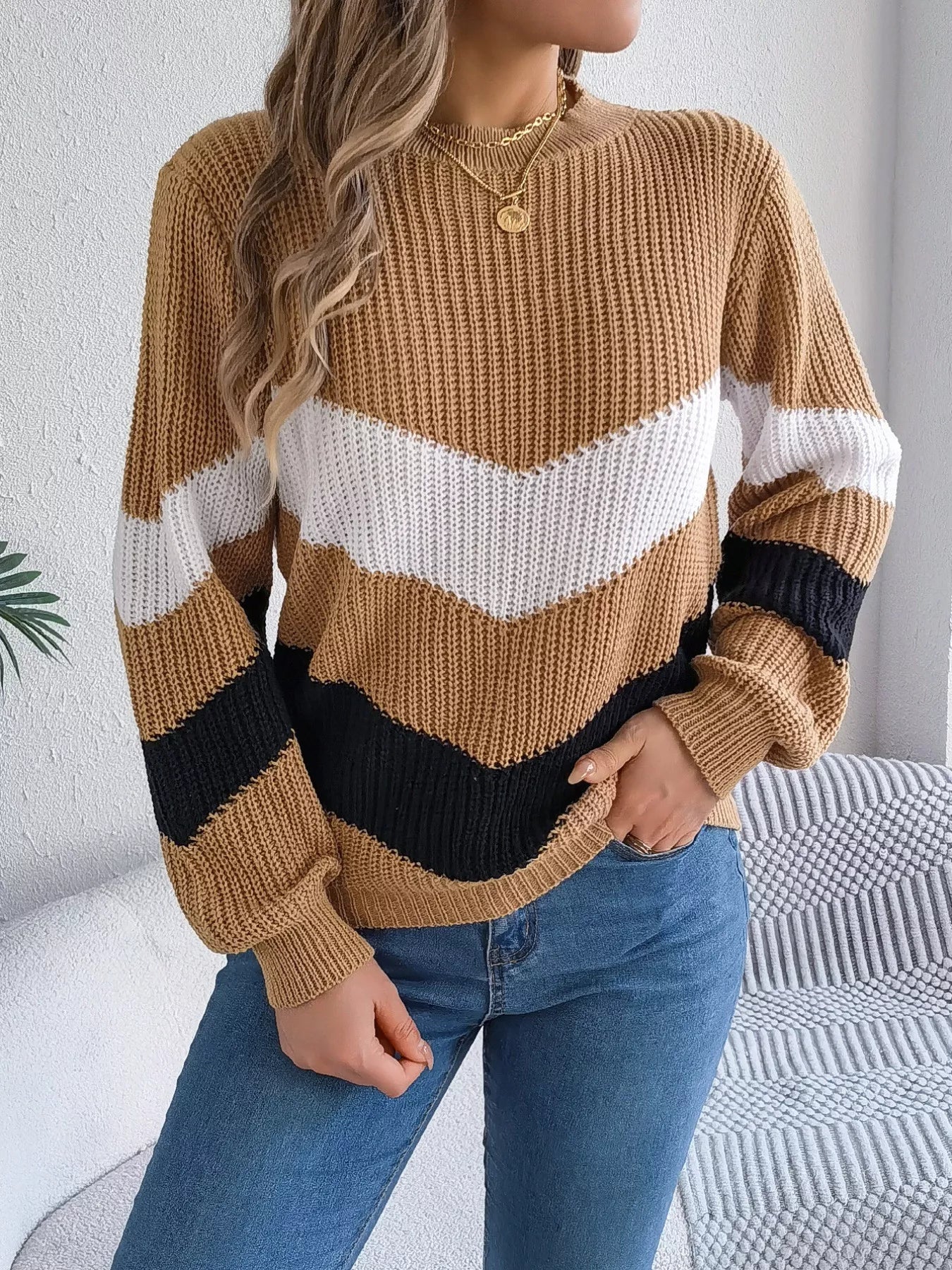 Chevron Stripe Color Block Round Neck Sweater