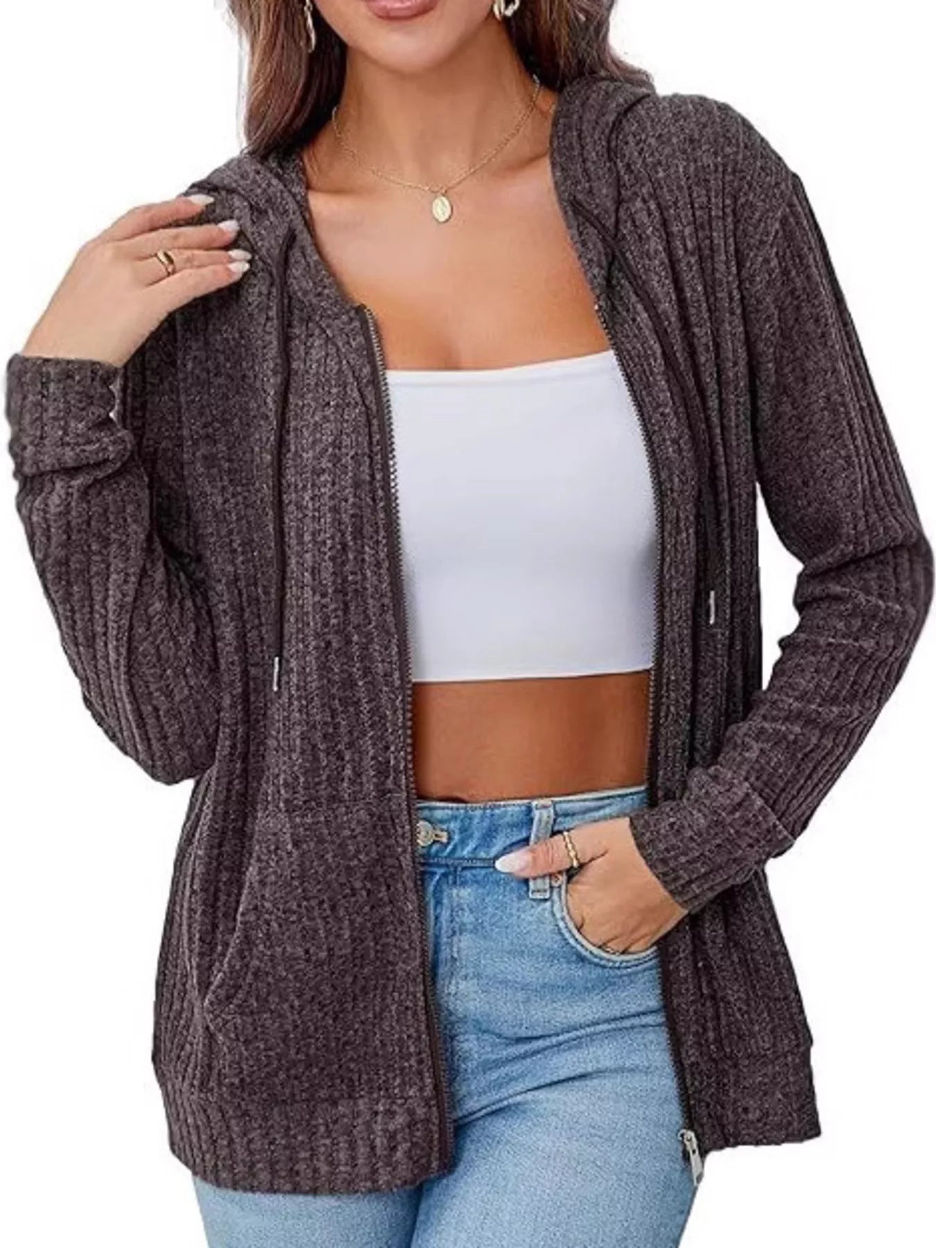 Ribbed Zip Up Hooded Outerwear