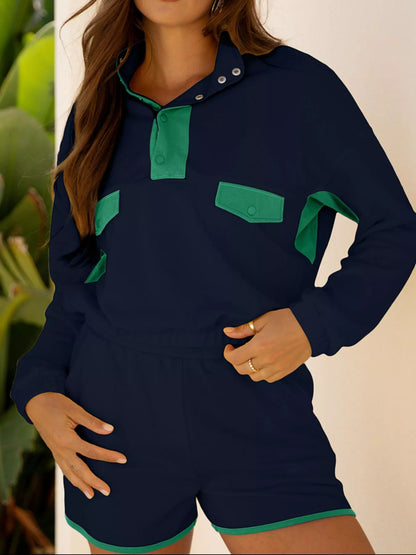 Color Block Patchwork Half Button Pullover and Shorts 2pcs Outfit