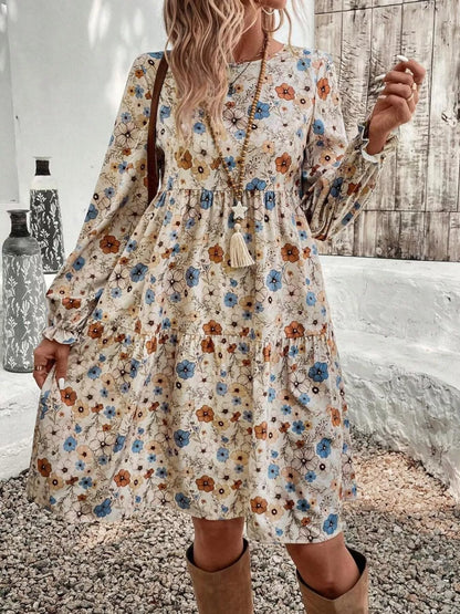 Floral Print Long Sleeve Tiered Dress