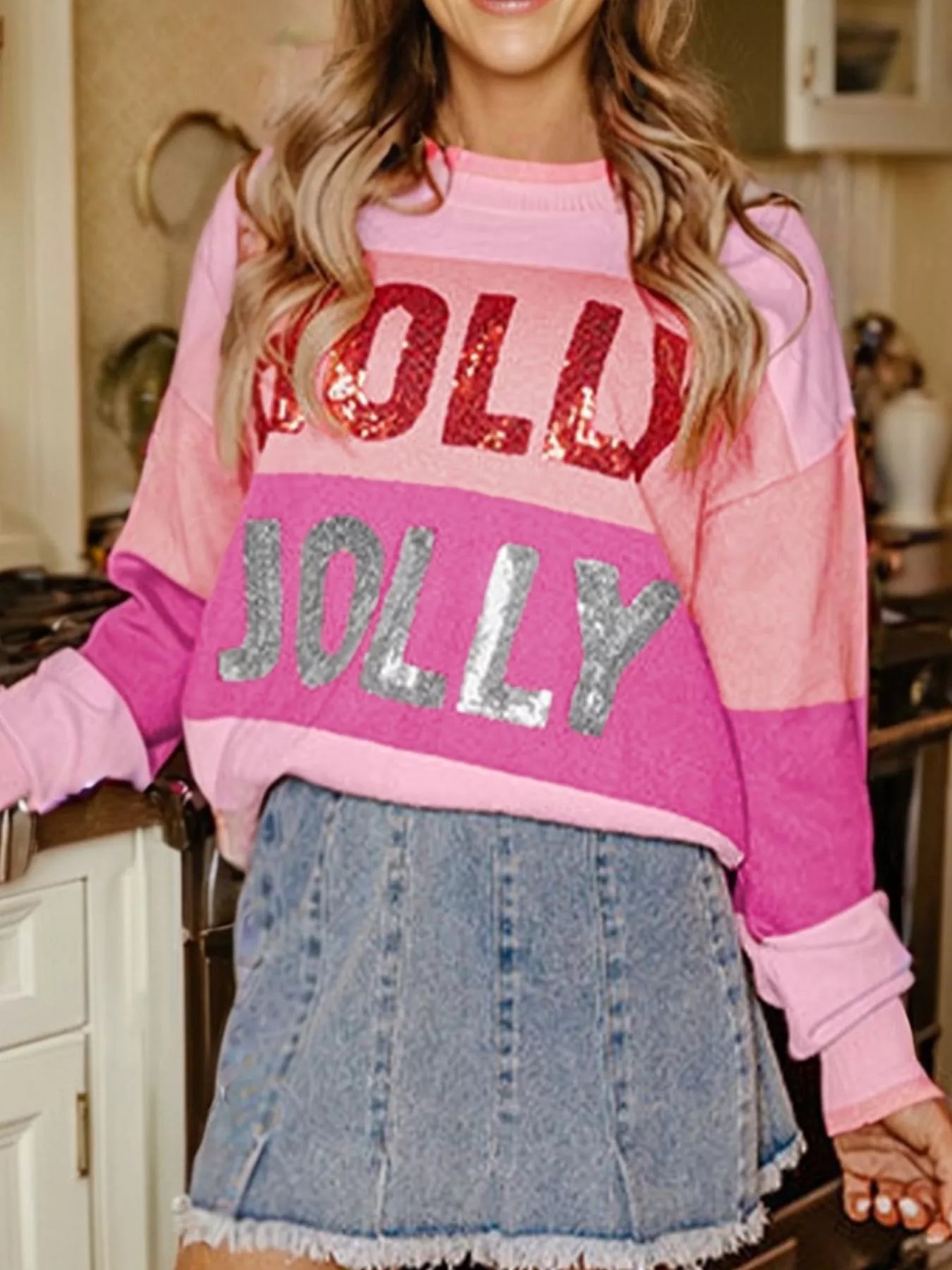 Sequined HOLLY JOLLY Color Block Crew Neck Sweater