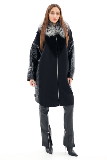 Genuine Silver Fox Fur Italian Cashmere Wool Freudenberg Comfortemp® Coat Black