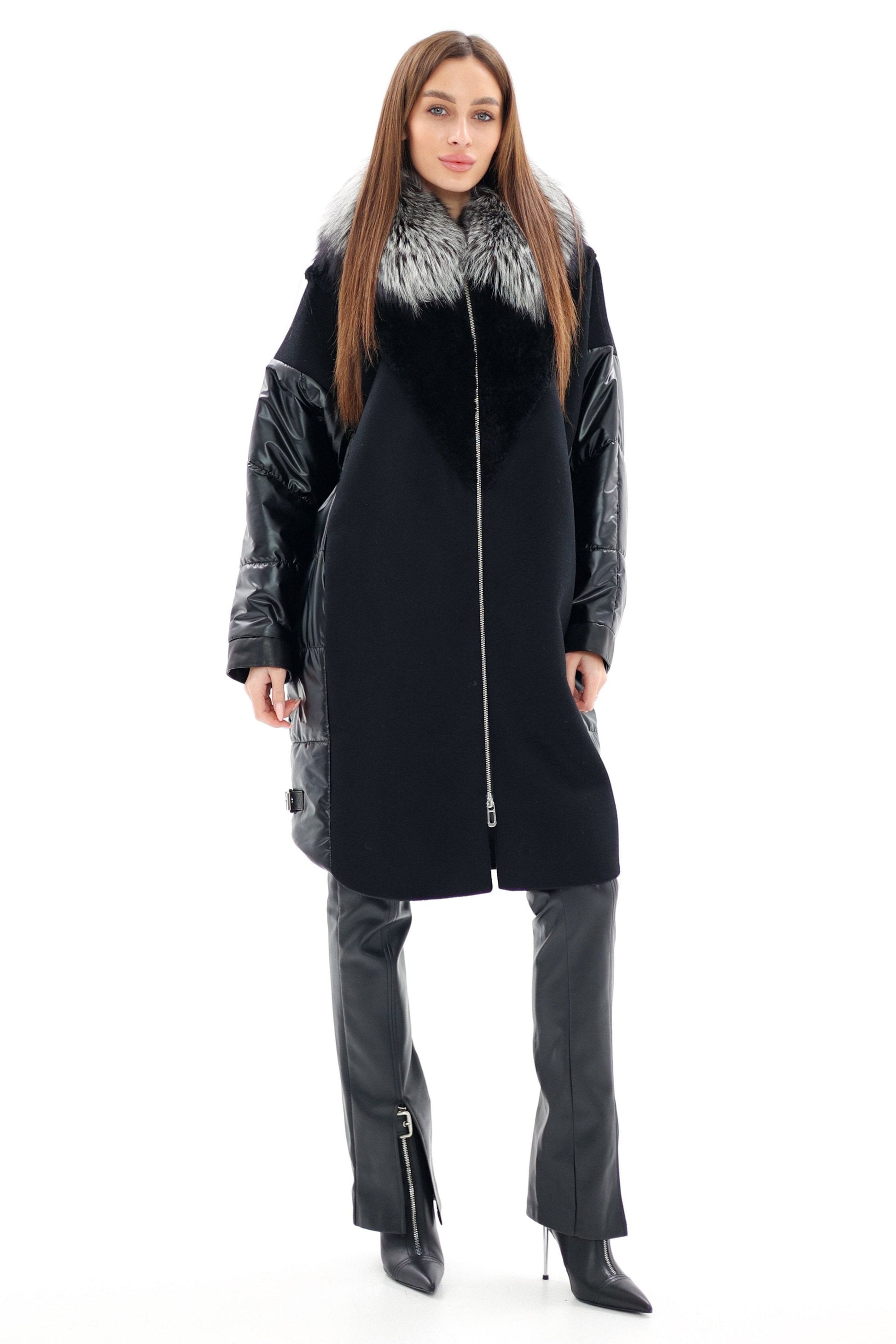 Genuine Silver Fox Fur Italian Cashmere Wool Freudenberg Comfortemp® Coat Black