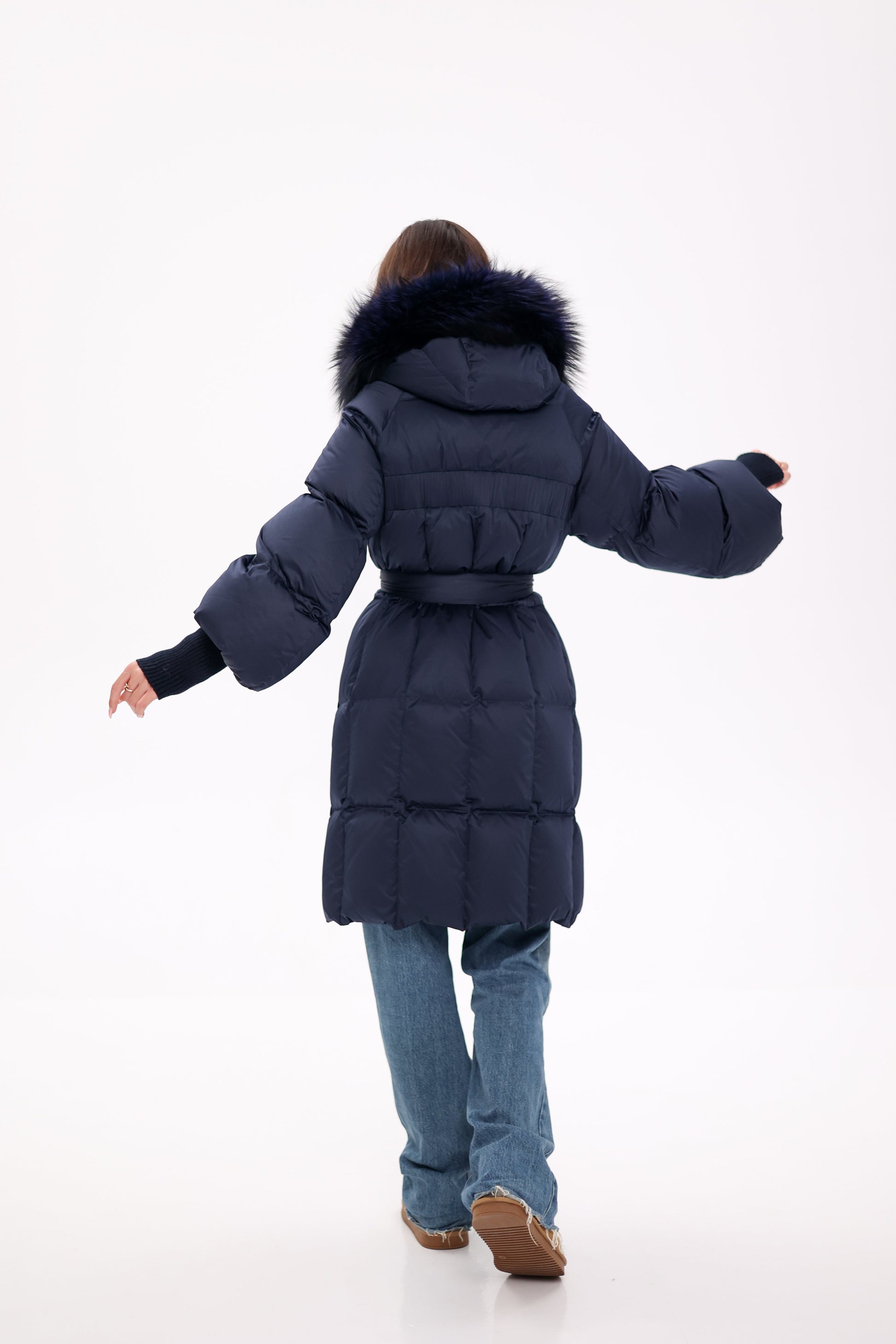 Genuine Fox Fur Trim Down Coat in Royal Blue