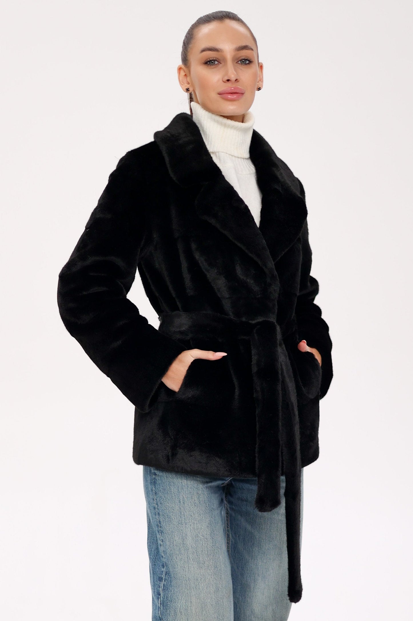 Faux Mink Effect Fur Coat Black