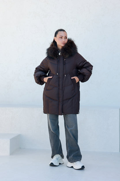 Celeste Genuine Fur Trim Down Fill Coat in Fig