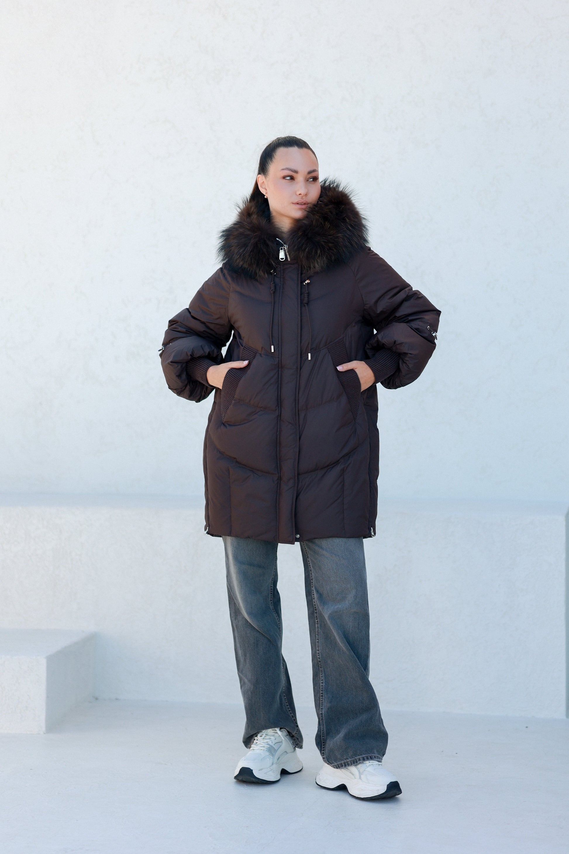 Celeste Genuine Fur Trim Down Fill Coat in Fig