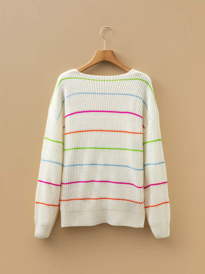 Colorful Striped Detail V Neck Drop Shoulder Baggy Sweater