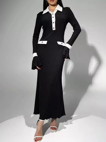 Contrast Collar Long Sleeve Maxi Sweater Dress Black