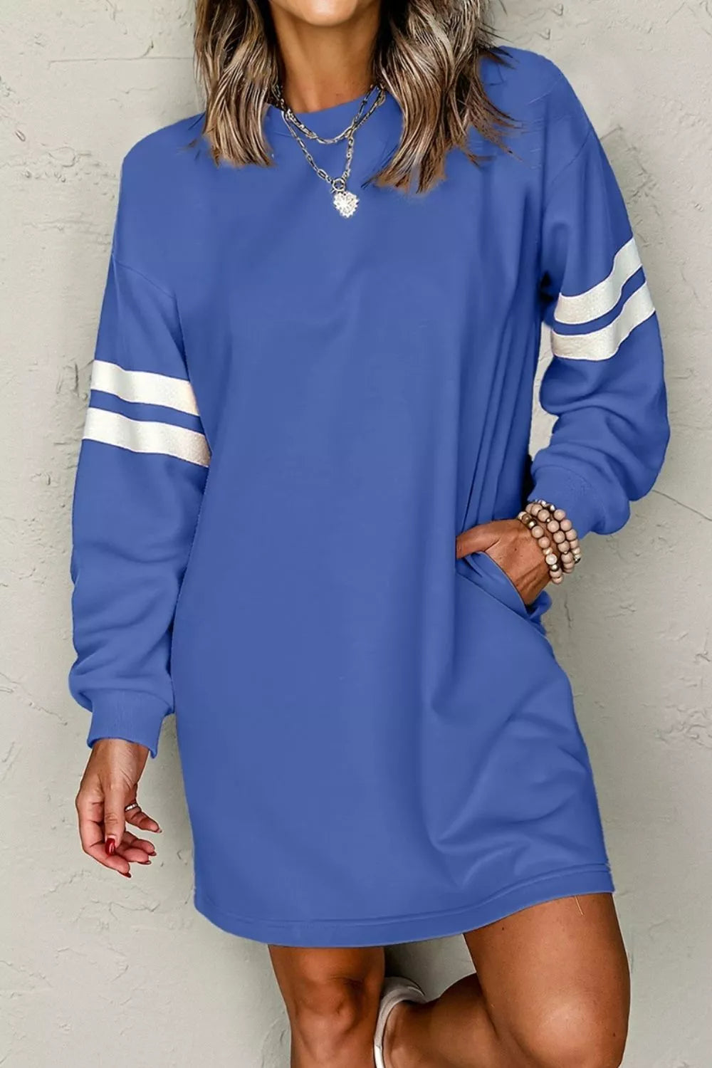Stripe Long Sleeve Casual Sweatshirt Dress Dusty Blue