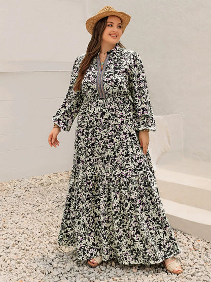 Plus Size Floral Print Long Sleeve Tiered Maxi Dress