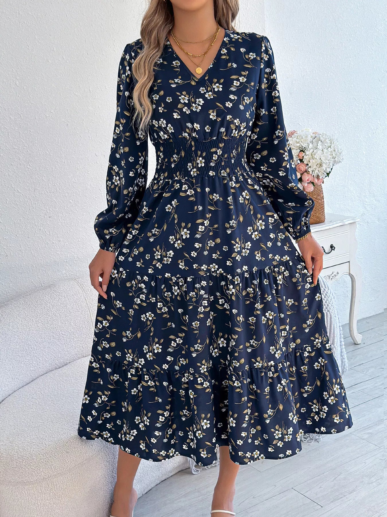 Floral Print Long Sleeve V-Neck Midi Dress Navy Blue