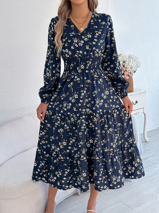 Floral Print Long Sleeve V-Neck Midi Dress Navy Blue