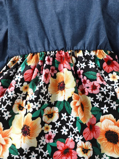 Children's Ruffled Bow Contrast Floral Dress with Headband