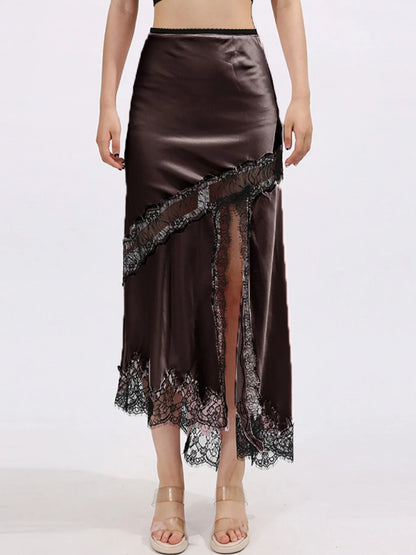 Lace Trim Asymmetrical Midi Skirt Brown