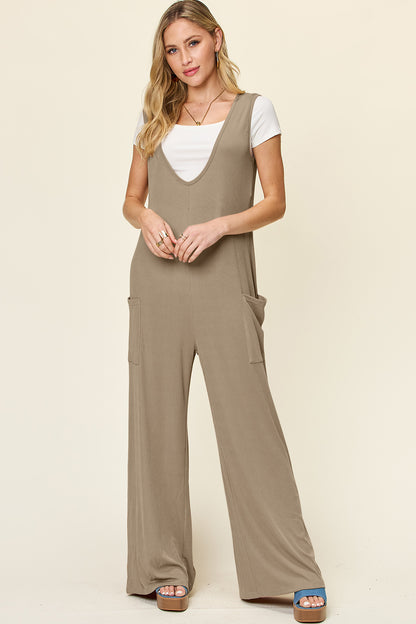 Sleeveless Wide Leg Jumpsuit with Handy Pockets Mocha