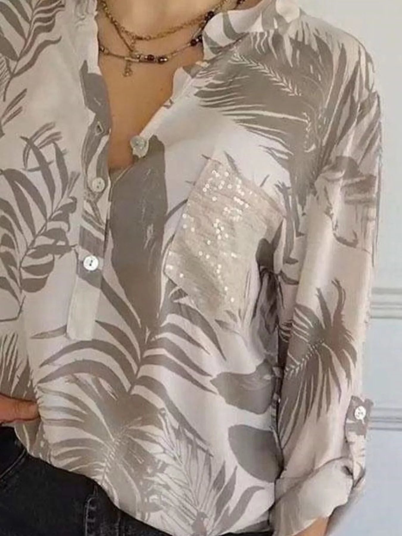 Full Size Printed Button Detail Long Sleeve Blouse Plus Size
