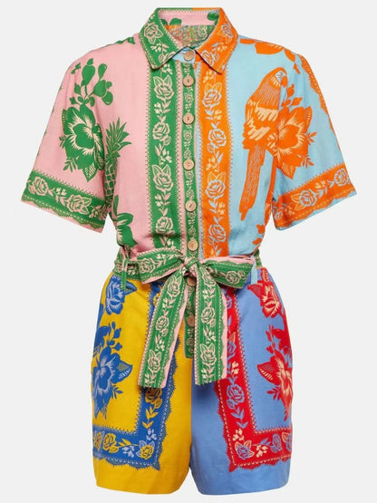 Printed Short Sleeve Tie Waist Romper
