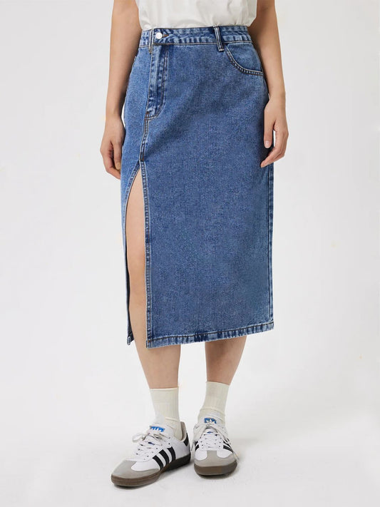 Slit Midi Denim Skirt with Pockets Medium