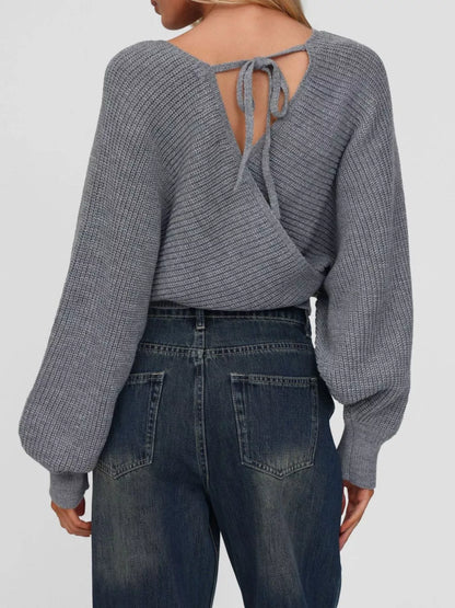 Surplice Cropped Sweater with Back Tie