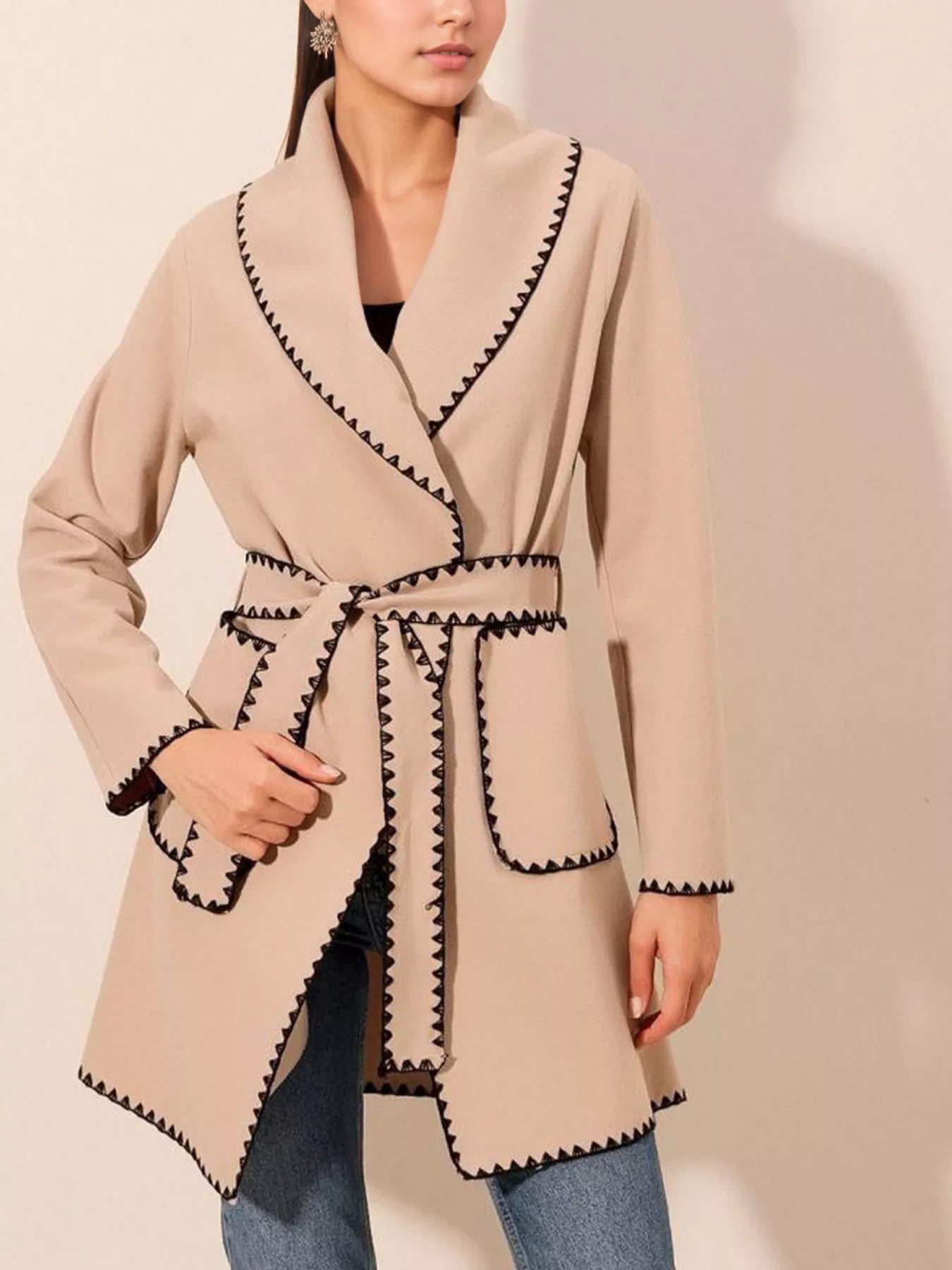 Contrast Trim Tie Waist Outerwear Dust Storm