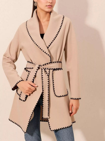Contrast Trim Tie Waist Outerwear Dust Storm