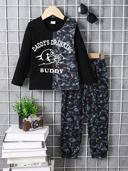 Children's Camouflage Color Block Top and Pants Set Black