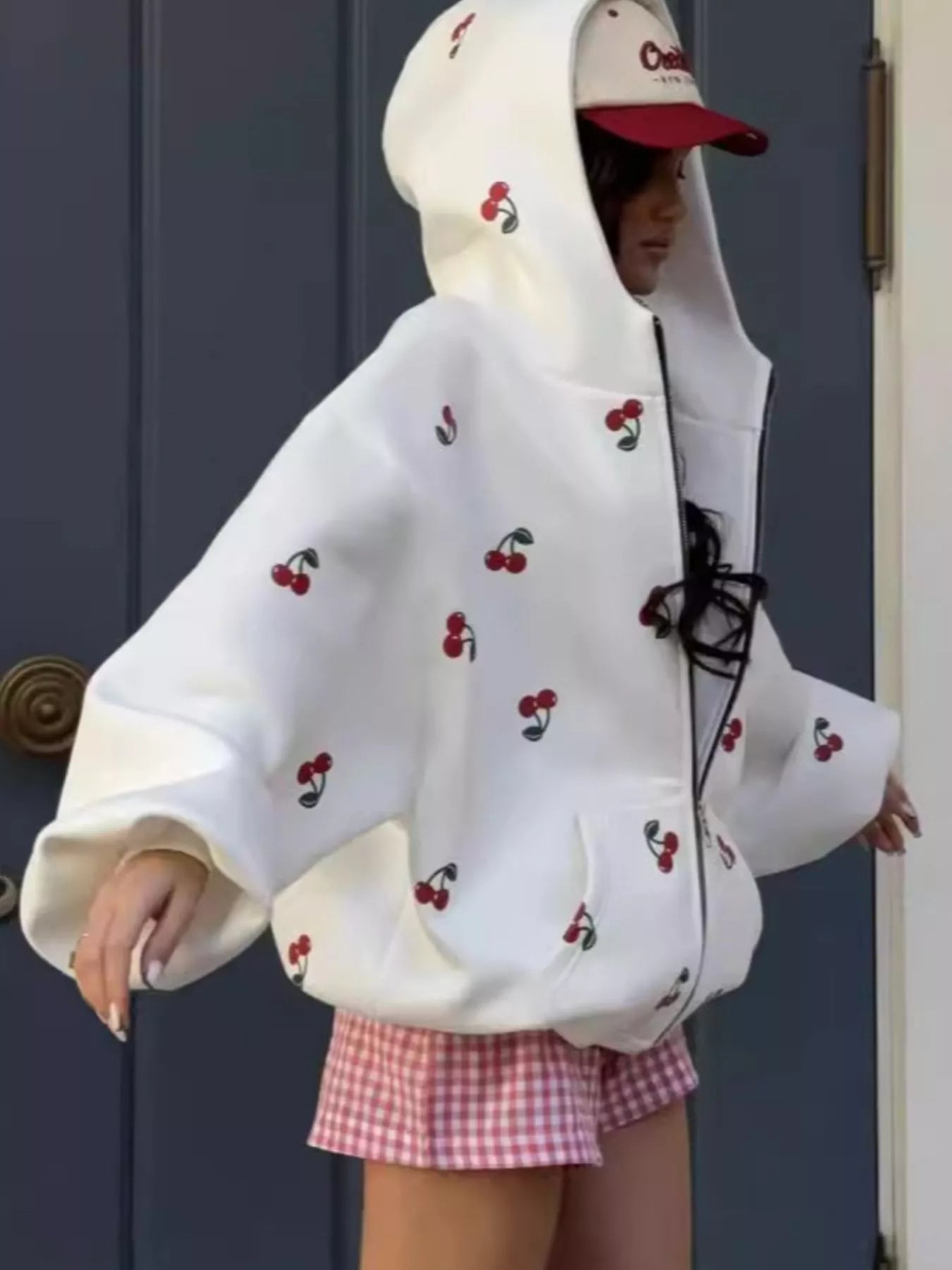Cherry Print Oversized Zip-Up Hoodie