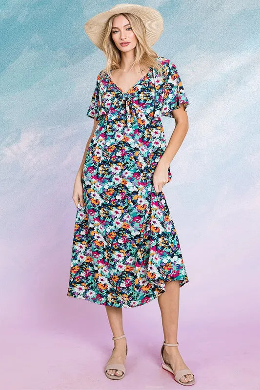Lime 'N' Chili Floral Print Sweetheart Neck Tie Front Midi Dress