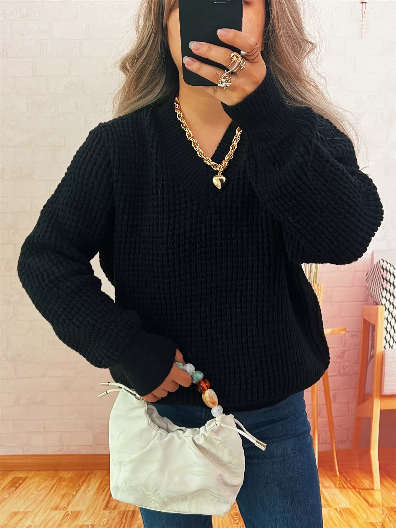 V-Neck Textured Knit Sweater