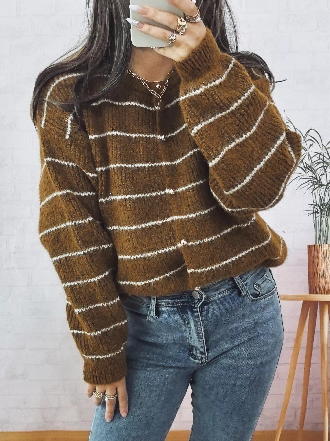 Striped Button Up Long Sleeve Cardigan