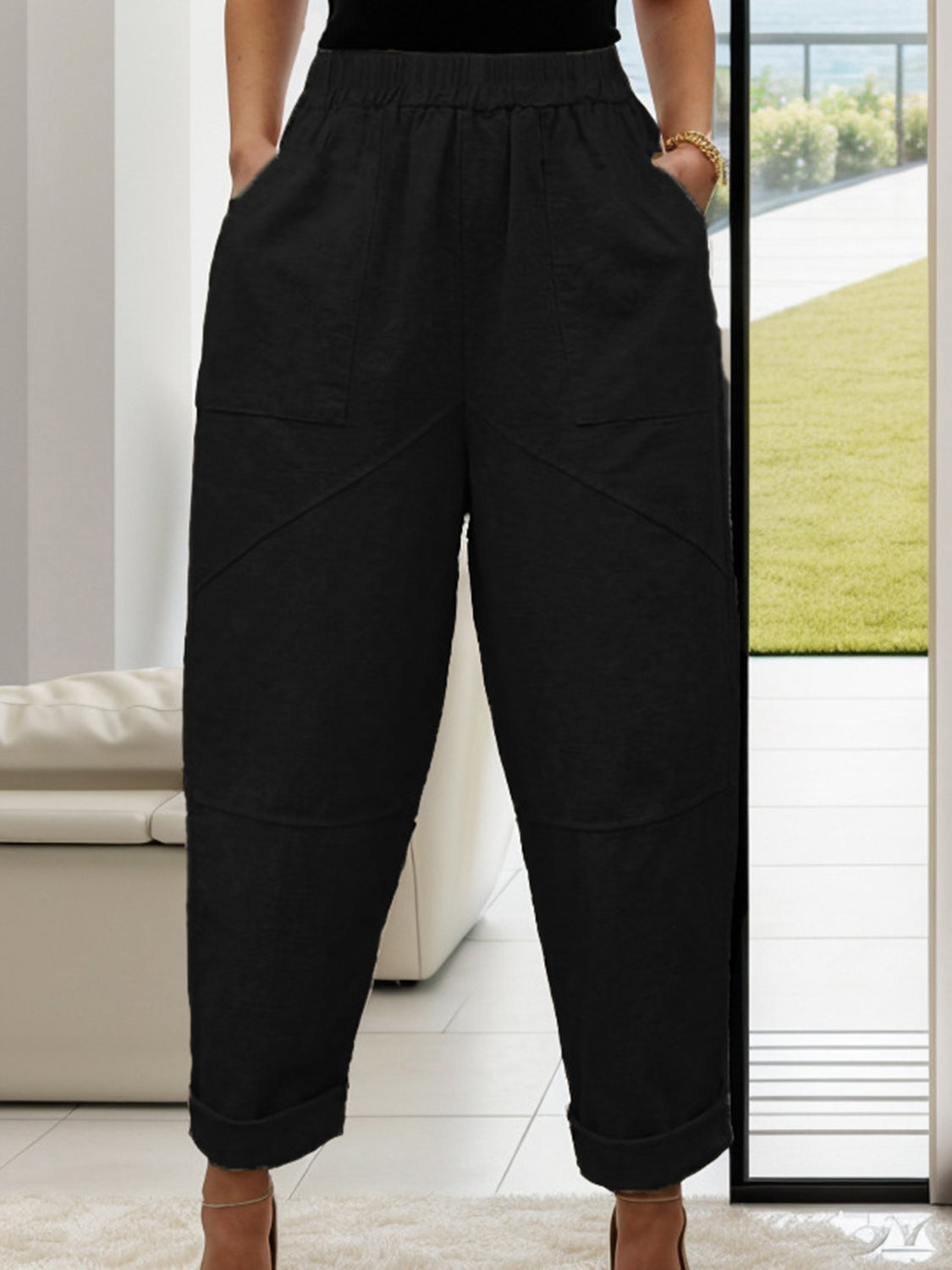 Elastic Waist Pants with Pockets Black