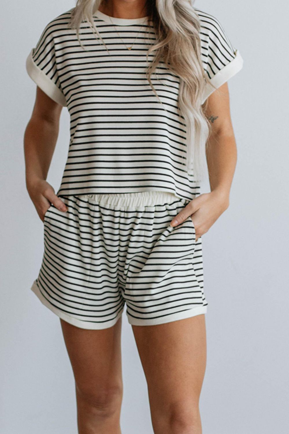 Striped Contrast Top and Shorts Set