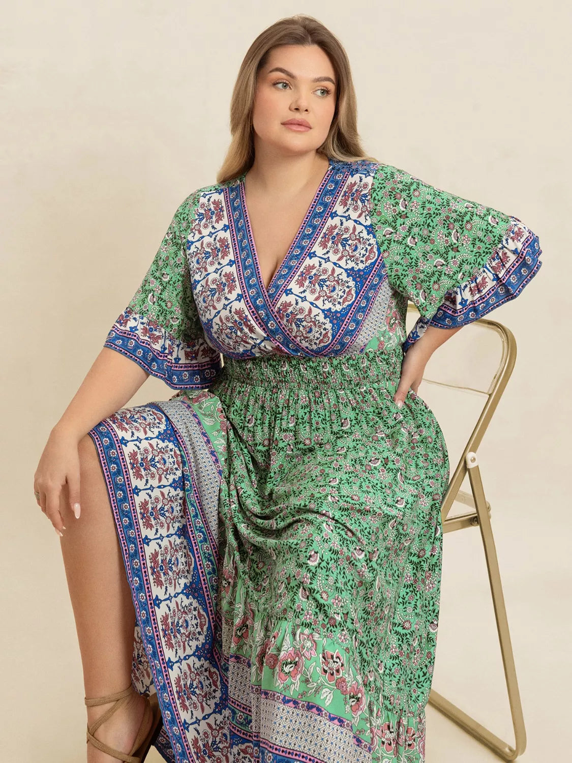 Plus Size Floral Print Smocked Waist Maxi Dress
